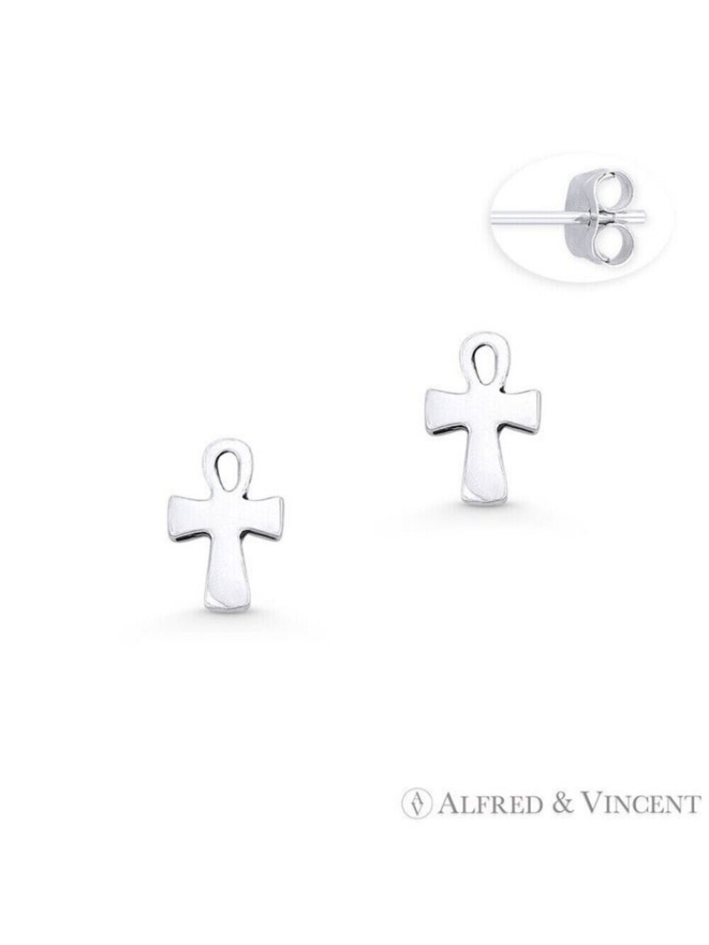 Egyptian Ankh Cross "Key-of-Life" Charm Stud Earrings in .925 Sterling Silver